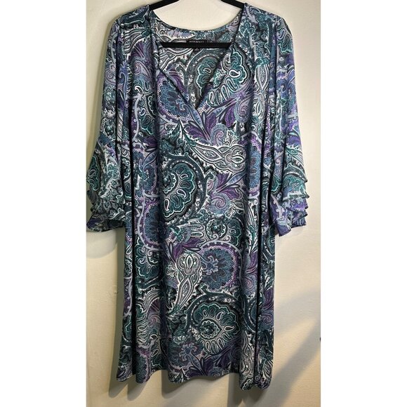 Roz & Ali Paisley Shift Plus SZ Dress 1X Boho Chic 3/4 Sleeve Flowy lightweight - Picture 1 of 10